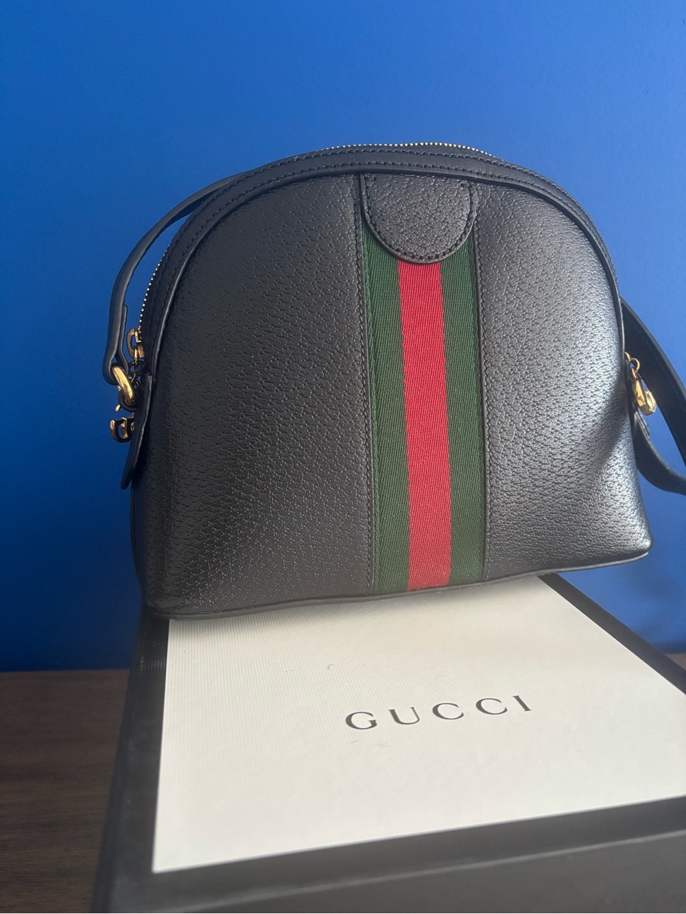 Gucci Black Leather Crossbody with Red and Green Web Stripe. - Picture 2 of 5